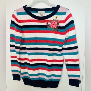 Ann Taylor LOFT ladies Striped Sweater Flower Design Sz S chunky